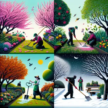 A collage showing a garden in spring, summer, autumn, and winter, illustrating seasonal changes and care activities.