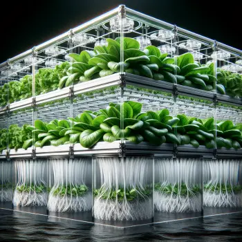 A modern hydroponics system with leafy greens growing, showing the water flow and plant roots.