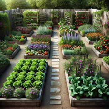 A well-organized garden with multiple raised beds, each containing different types of vegetables and flowers.