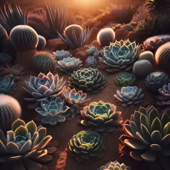 An array of different succulents in a desert-like garden setting, highlighting their unique shapes and colors.