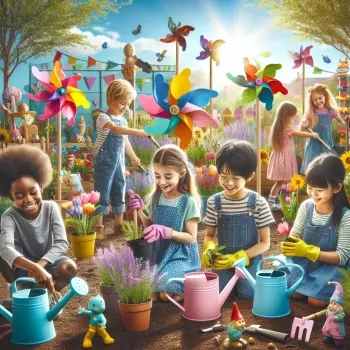 Children happily gardening, planting seeds in a colorful, child-friendly garden environment.