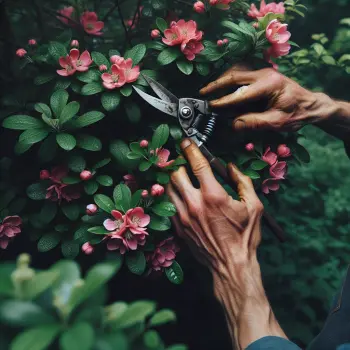 Hands delicately pruning a flowering bush, showcasing the technique and resulting shape.